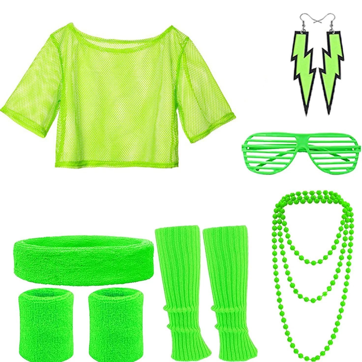 Completo Outfit da Festa Rave alla Moda: T-Shirt in Rete Elasticizzata, Fascia Elastica e Scaldamuscoli Vibranti