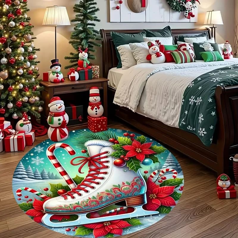 Ice Skate Christmas Round Area Rug, Holly Candy Cane Winter Printed Circular Floor Mat, Xmas Holiday Indoor Home Decor