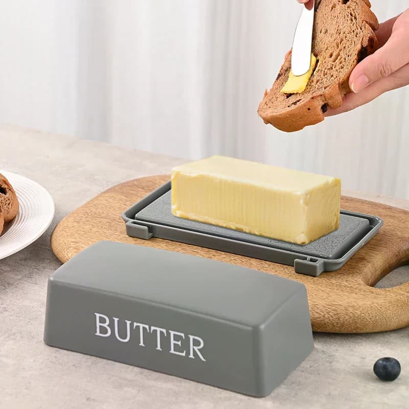 Butter and cheese container with lid and knife, worktop butter holder for refrigerator and kitchen