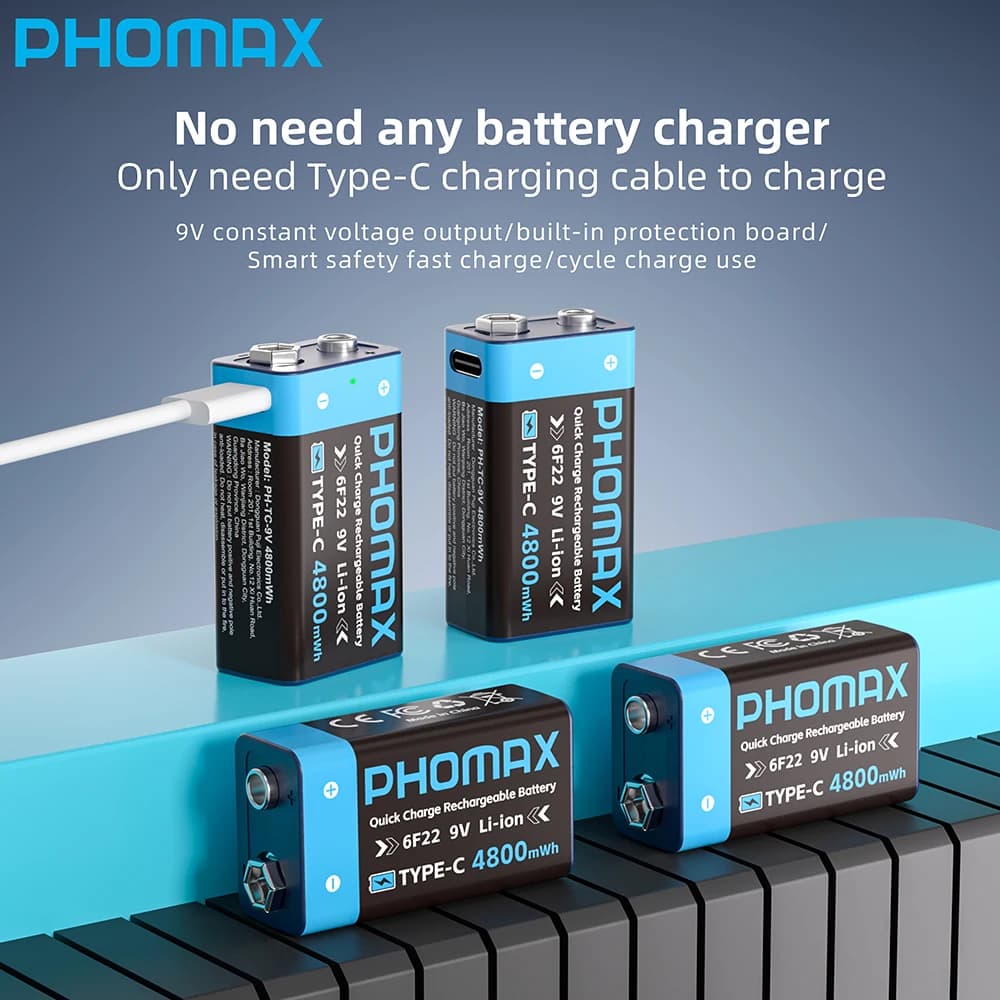 Batteria ricaricabile PHOMAX 9V 4800mWh 6F22 agli ioni di litio con porta Type-C a lunga durata per rilevatori di fumo, multimetri e dispositivi medici