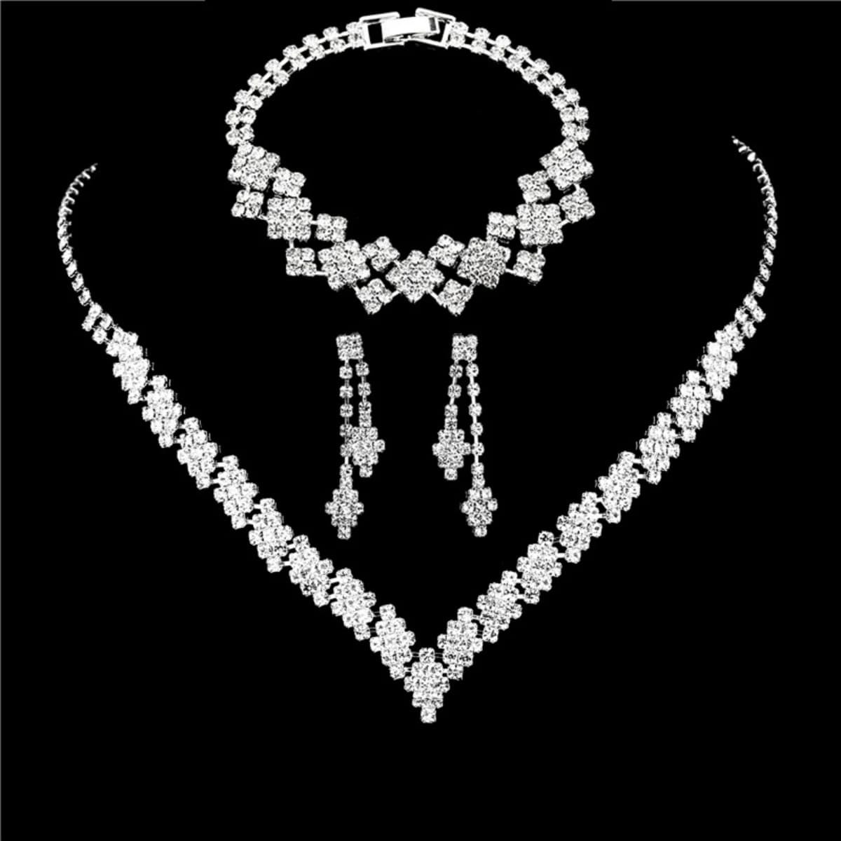 Collana con orecchini pieghevoli con nappe in strass placcati argento alla moda, regalo di gioielli da sposa, stile alla moda