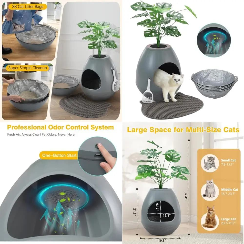 Lettiera per Gatti Grande con 5 Sacchetti Igenici, Design Ispirato alle Piante, Tappetino per Lettiera e Sistema di Controllo degli Odori
