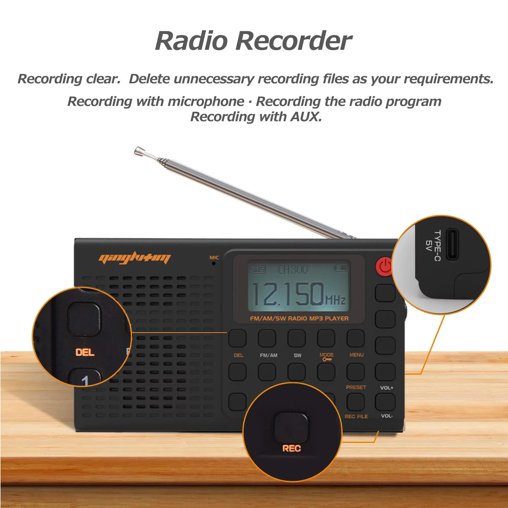 Yorek AM/FM/SW registratore Radio portatile a banda intera, registrazione Radio ricaricabile digitale e scheda TF con Timer di spegnimento