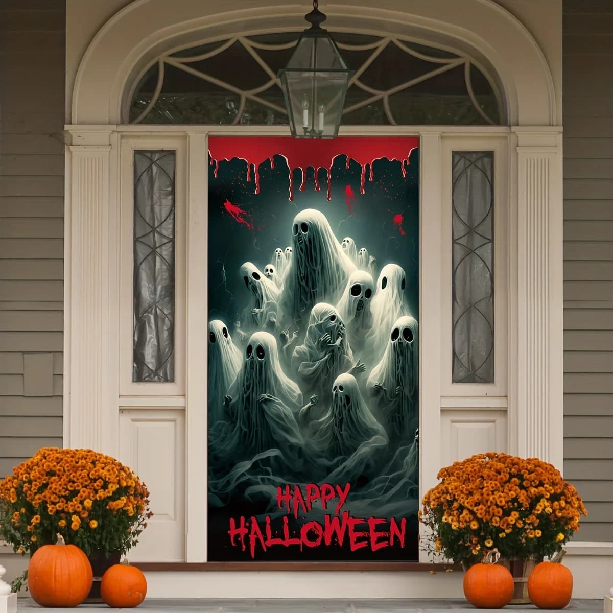 Scary Halloween door cover, featuring terrifying candle patterns, 71x35 inches, made of 100D polyester fiber, durable