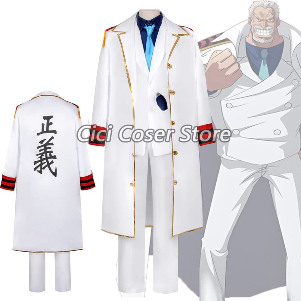 Costume Cosplay Anime Vice Admiral Monkey·D·Garp, Uniforme Bianca, Cappotto Lungo, Camicia Blu per Uomini e Donne, Halloween e Carnevale