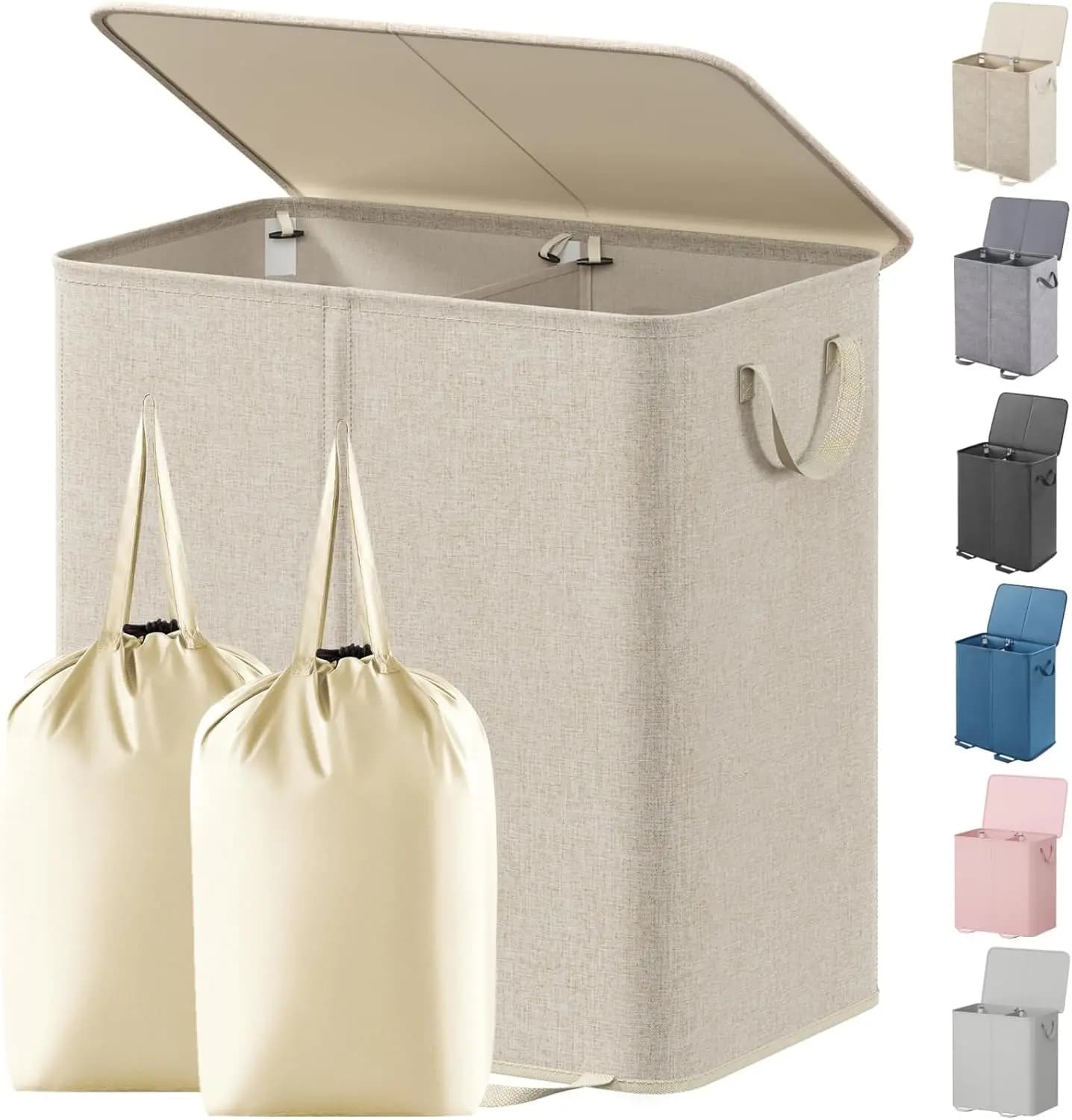 Cesto per Bucato Doppio Grande da 144L con Coperchio, Sacchi Rimovibili, Pieghevole, Beige