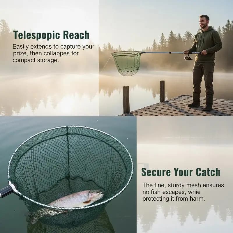 Rete da Pesca Pieghevole 1.5M/1.7M/1.9M/2.1M con Manico Telescopico in Lega di Alluminio Resistente, Rete a Maglie per Pesca in Mare, per Carpe e Pesca a Mosca