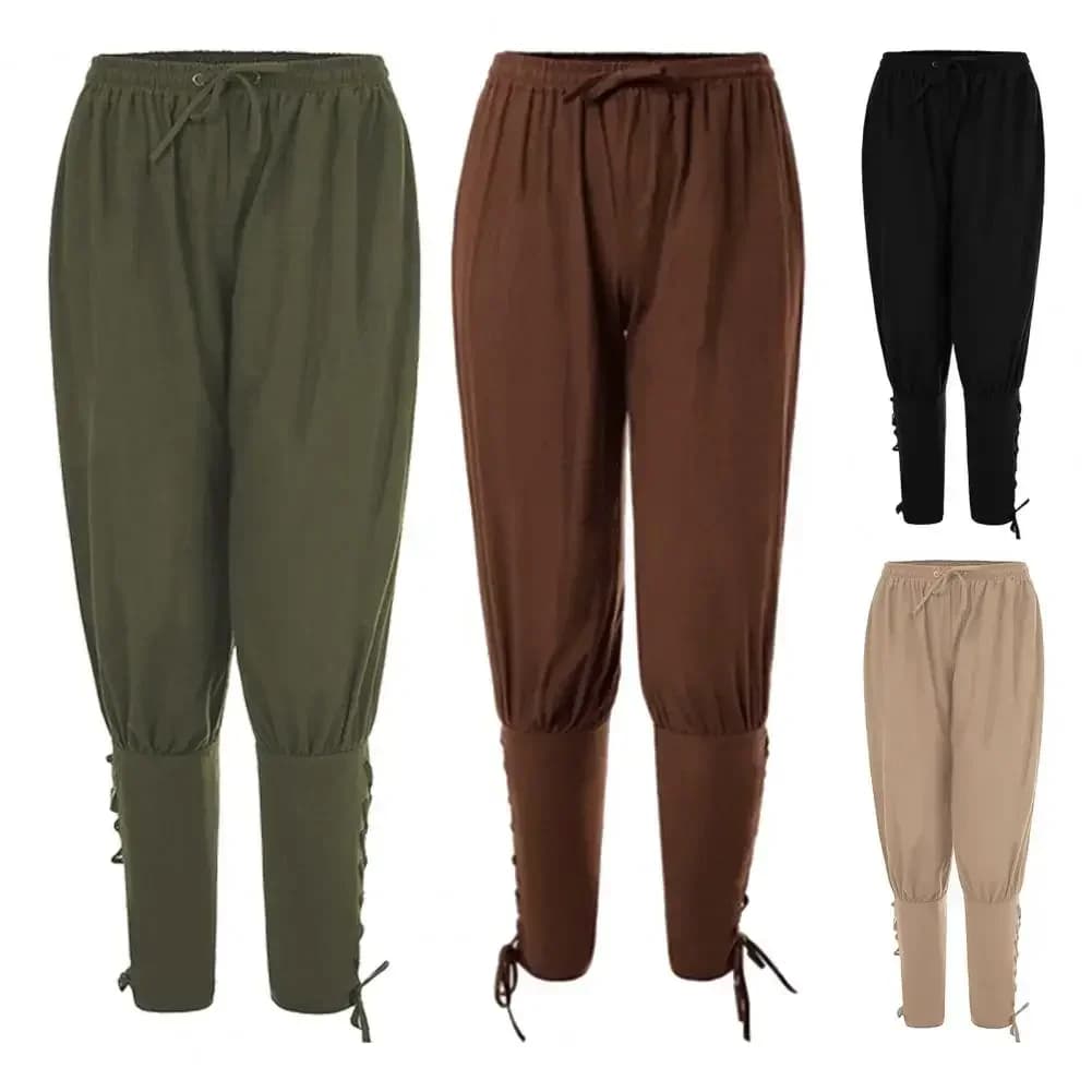Pantaloni da Pirata Medievale per Uomo, Costume da Cavaliere in Lino, Gamba Larga, Nero, con Fascia per la Gamba