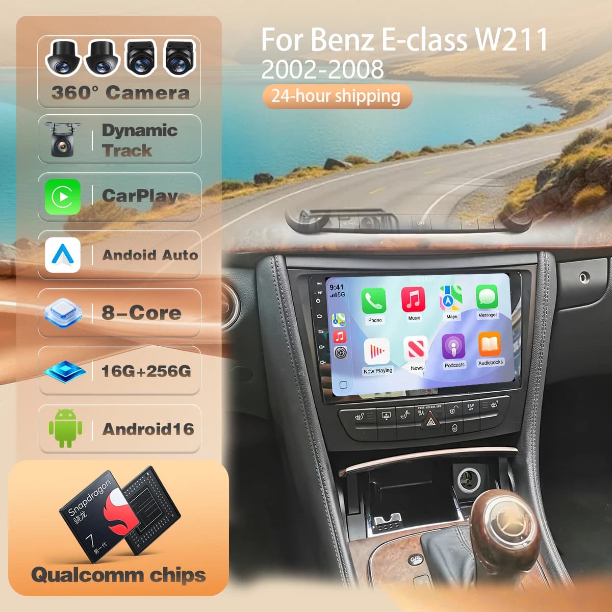 For Mercedes Benz E-class W211 2002 - 2008 wireless Carplay Auto Car Radio Multimedia BT 4G Stereo app Snapdragon Android 16