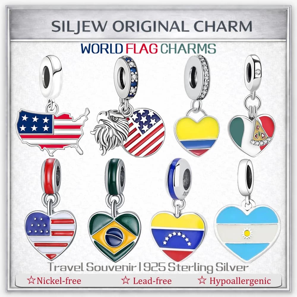 Ciondolo a Cuore con Bandiera Nazionale SilJew in Argento 925 Smaltato, Adatto per Bracciali - USA, Brasile, Argentina, Italia, Venezuela - Gioiello da Viaggio, Regalo