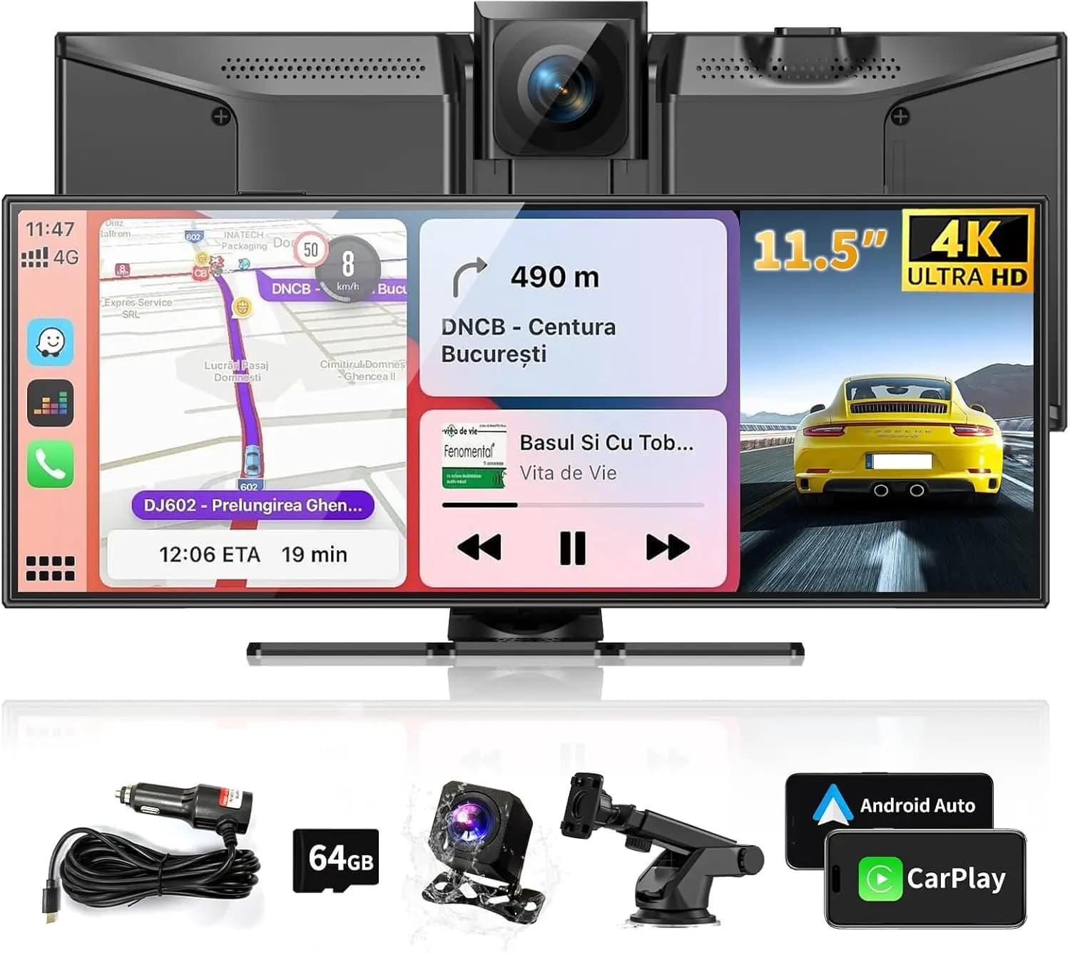Schermo CarPlay Portatile da 11,5 Pollici, 4K Wireless per Auto e Android Auto, Touchscreen con Dash Cam, Controllo App