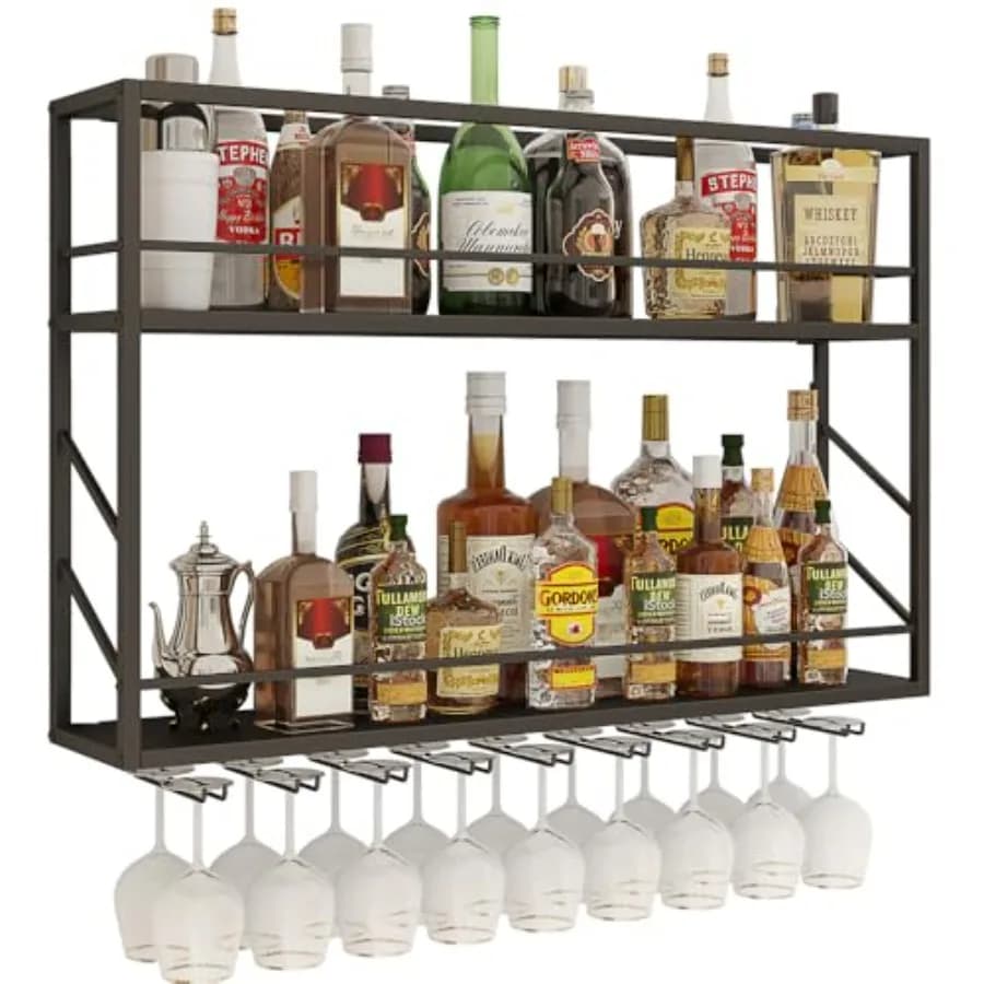 Portabottiglie da Parete a 2 Livelli, Scaffali in Metallo per Liquori e Portabicchieri, Espositore per Vini da Parete per Bar Domestico