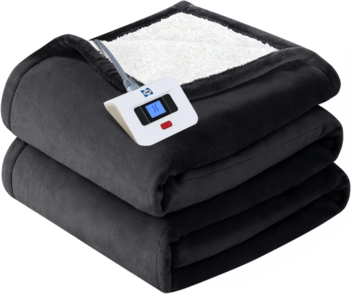 Coperta Elettrica Riscaldata a Grandezza Naturale, in Flanella e Sherpa, Riscaldamento Rapido con 10 Livelli e Spegnimento Automatico 12H, Lavabile in Lavatrice, Grigia