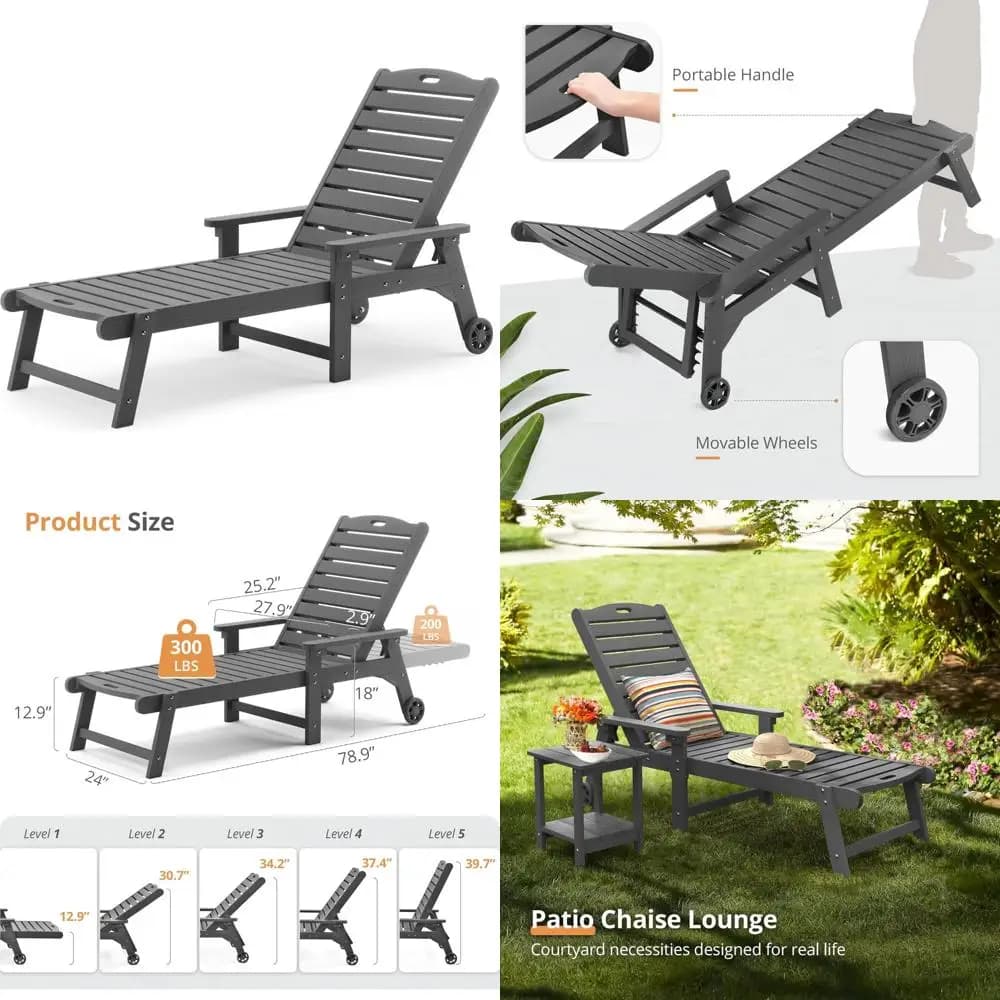 5 position HDPE adjustable outdoor oversize chaise longue, 79 side chairs for swimming pool with comfort cushion