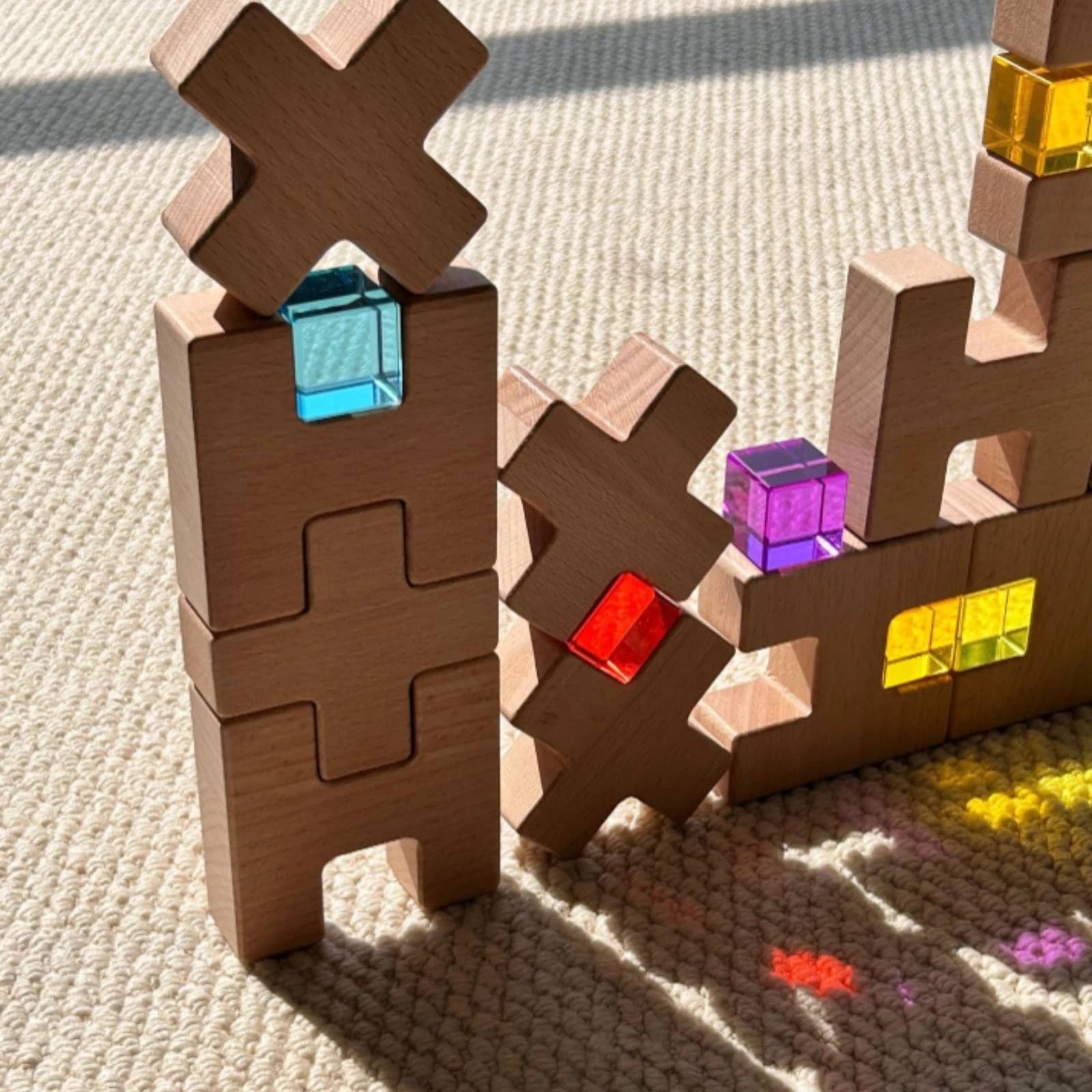 Interlocking Wooden Blocks Open Ended Play Rainbow Building Blocks Wooden Stacking Toy STEM Learning Educational Stacking Toy