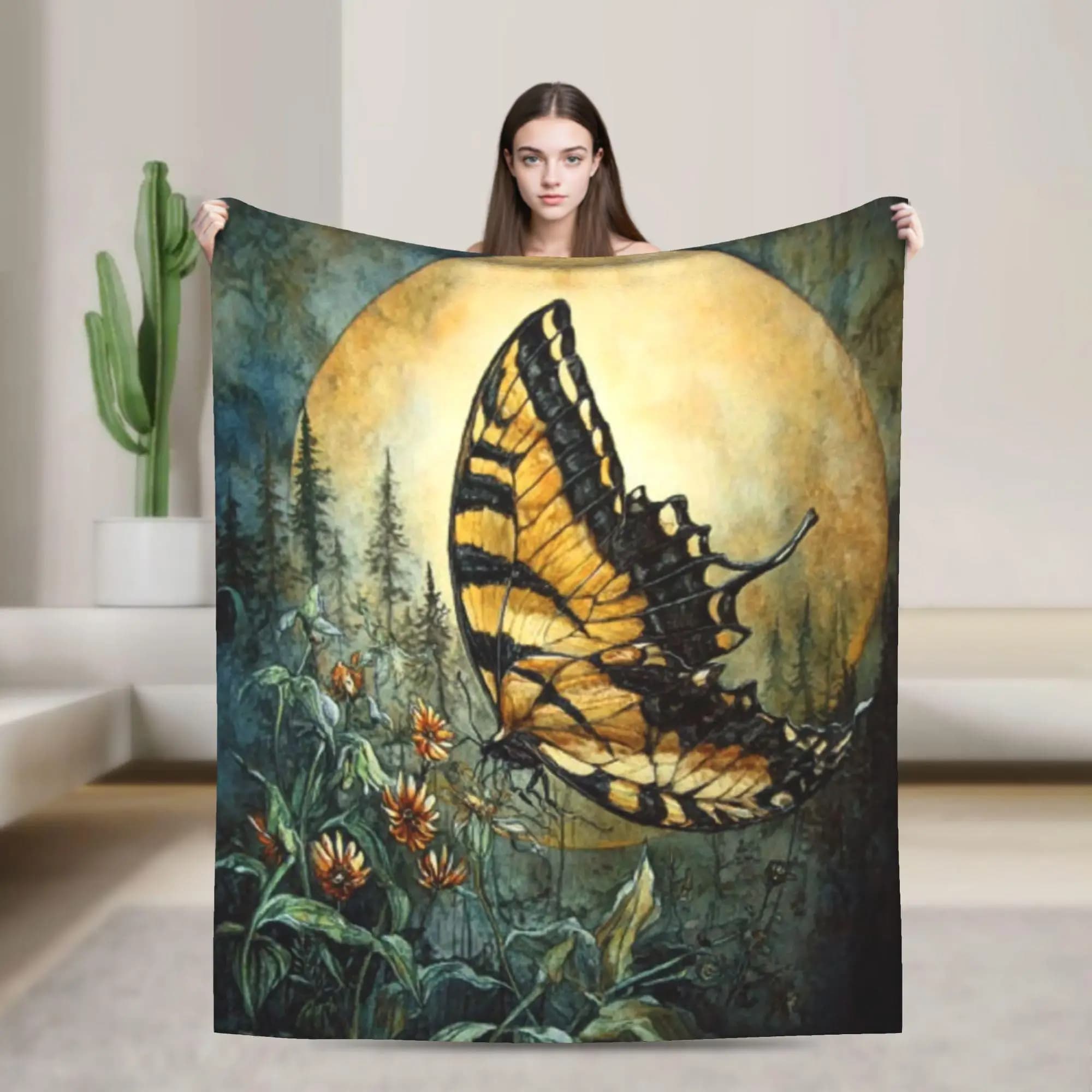 Retro butterfly leaf pattern Flannel printed blanket suitable for all seasons suitable for living room office sofa and travel