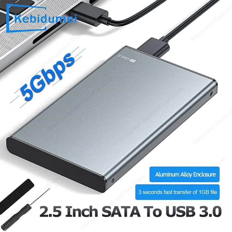 KEBIDUMEI Box esterno per HDD/SSD da 2.5 SATA, custodia per disco rigido con velocità di trasferimento USB 3.0 a Type-C da 5 Gbps, in lega di alluminio