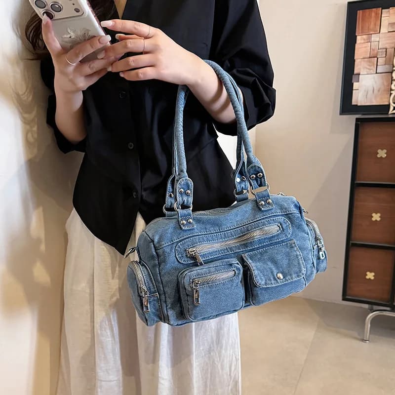Vintage Wash Denim Women Shoulder Bag with Multiple Zipper Pockets Utility Crossbody Tote Y2K Style Casual Satchel Handbag