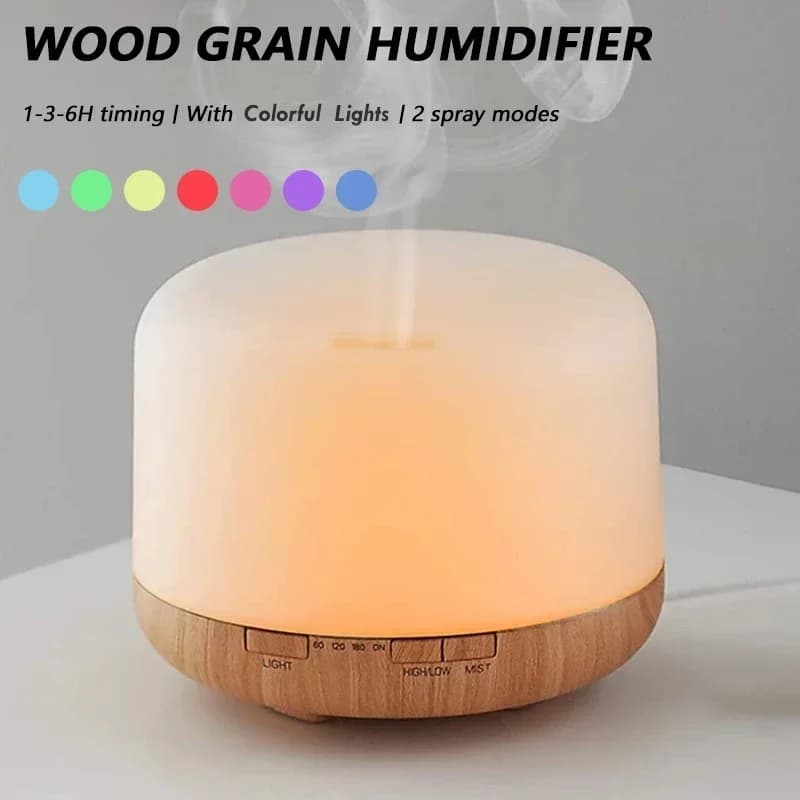 Mini diffusore di aromi con effetto legno, umidificatore USB per oli essenziali da 500ml con luci notturne colorate per casa, camera da letto e auto