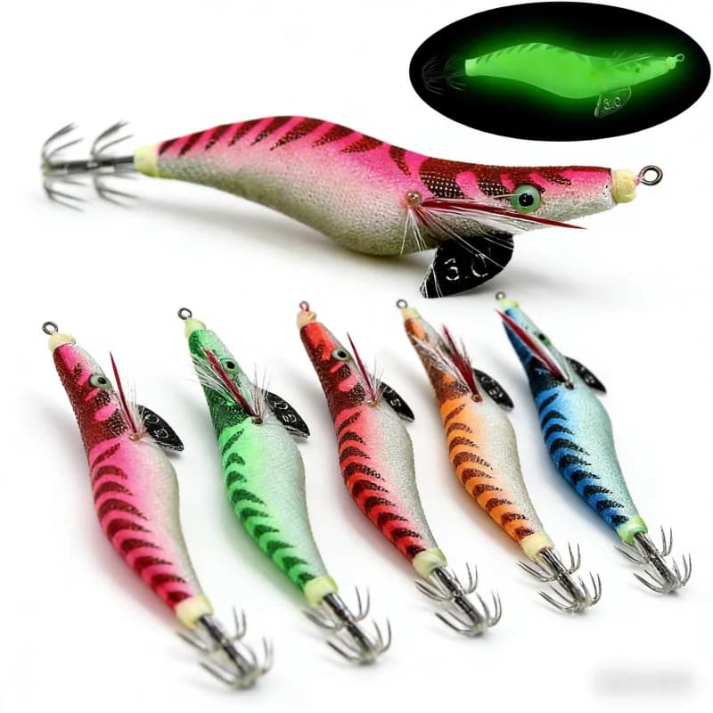 Esca Universale Luminosa a Forma di Calamaro e Gambero per Pesca in Acqua Salata e Dolce, 80mm 95mm 110mm, Amo a Ombrello Bionico per Pesca