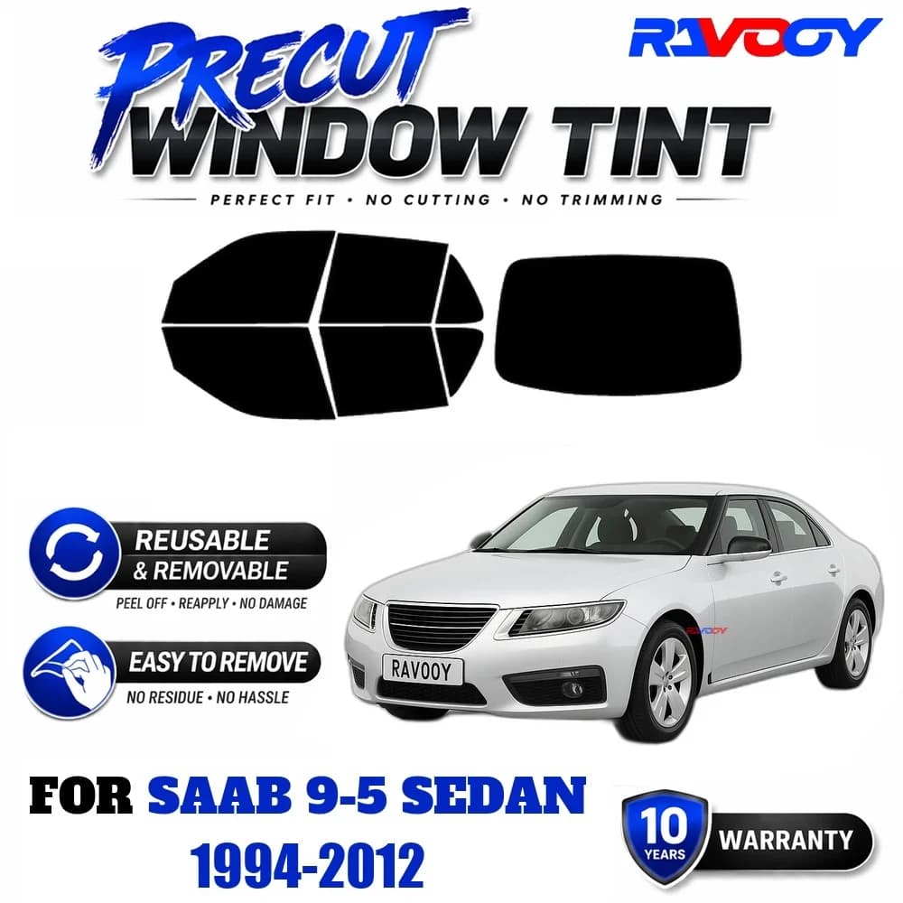 RAVOOY Precut Window Tint, Reusable Removable EPU Film, Custom Fit for Saab 9-5 Sedan 1994-2012, UV Heat Protection