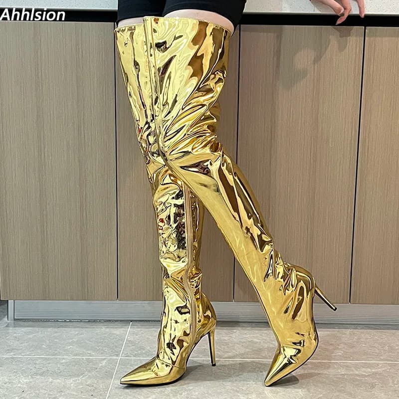 Ahhlsion Nuove Donne di Modo di Inverno Stivali Alla Coscia Tacchi A Spillo Punta a Punta Oro Argento Scarpe Cosplay Signore US Plus Size 5-15