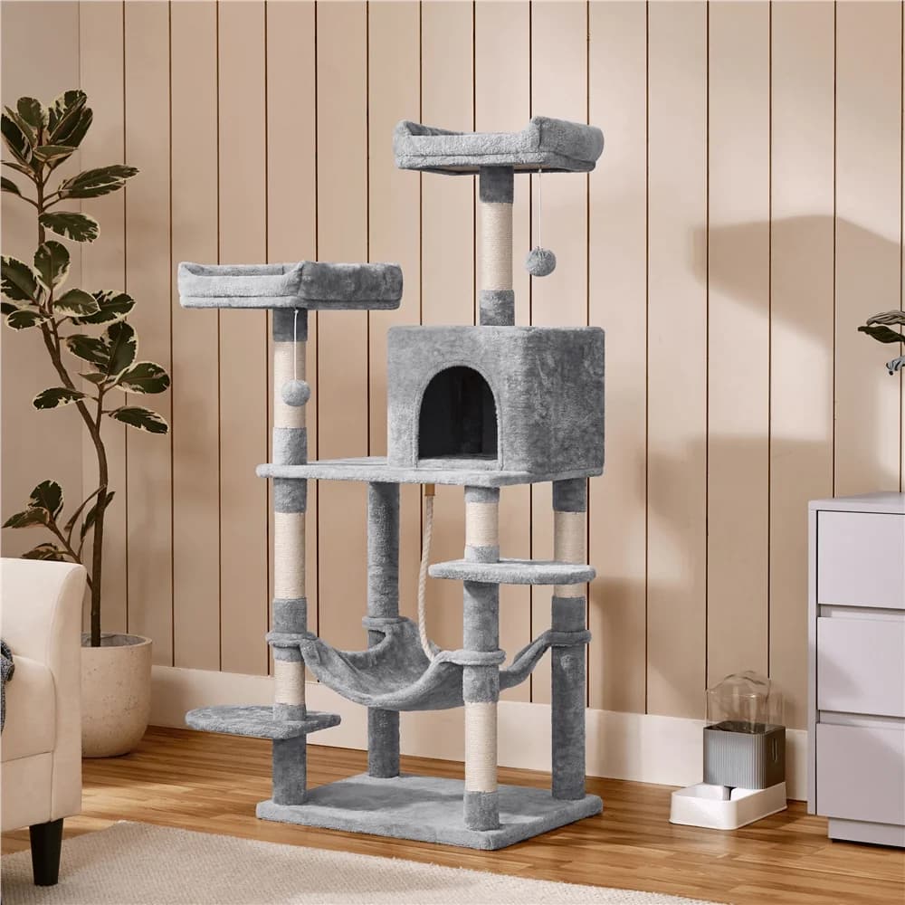Albero per Gatti a 59 Livelli in Peluche con Cuccia, Amaca, Palline Pendenti e Tiragraffi - Cuccia Gioco per Gatti