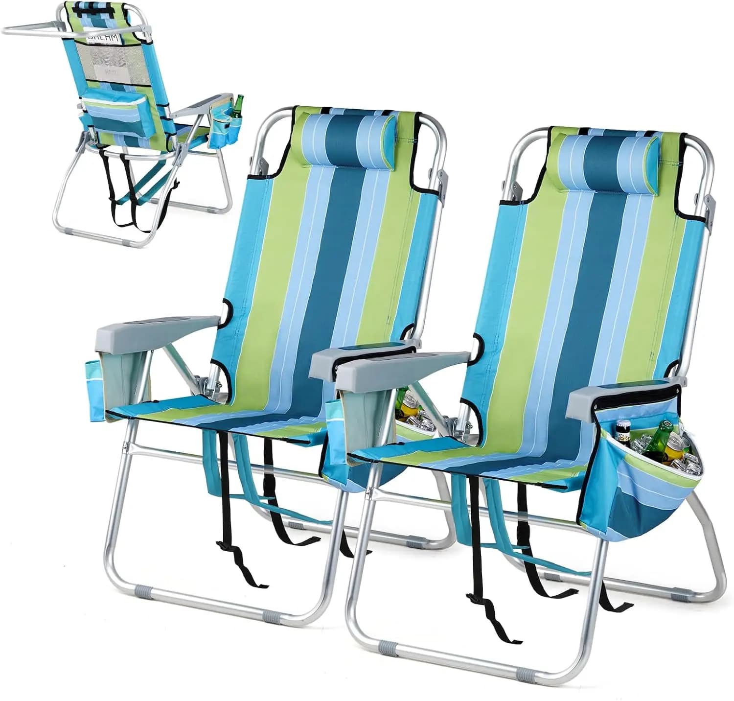 Tall Beach Chair 2 Pack Lightweight, Backpack Beach Chair for Adults with 5-Position, Cooler Bag, Cup Holders, Towel Bar, Lightweight Folding Beach Camping Chairs （Blue/Green-16