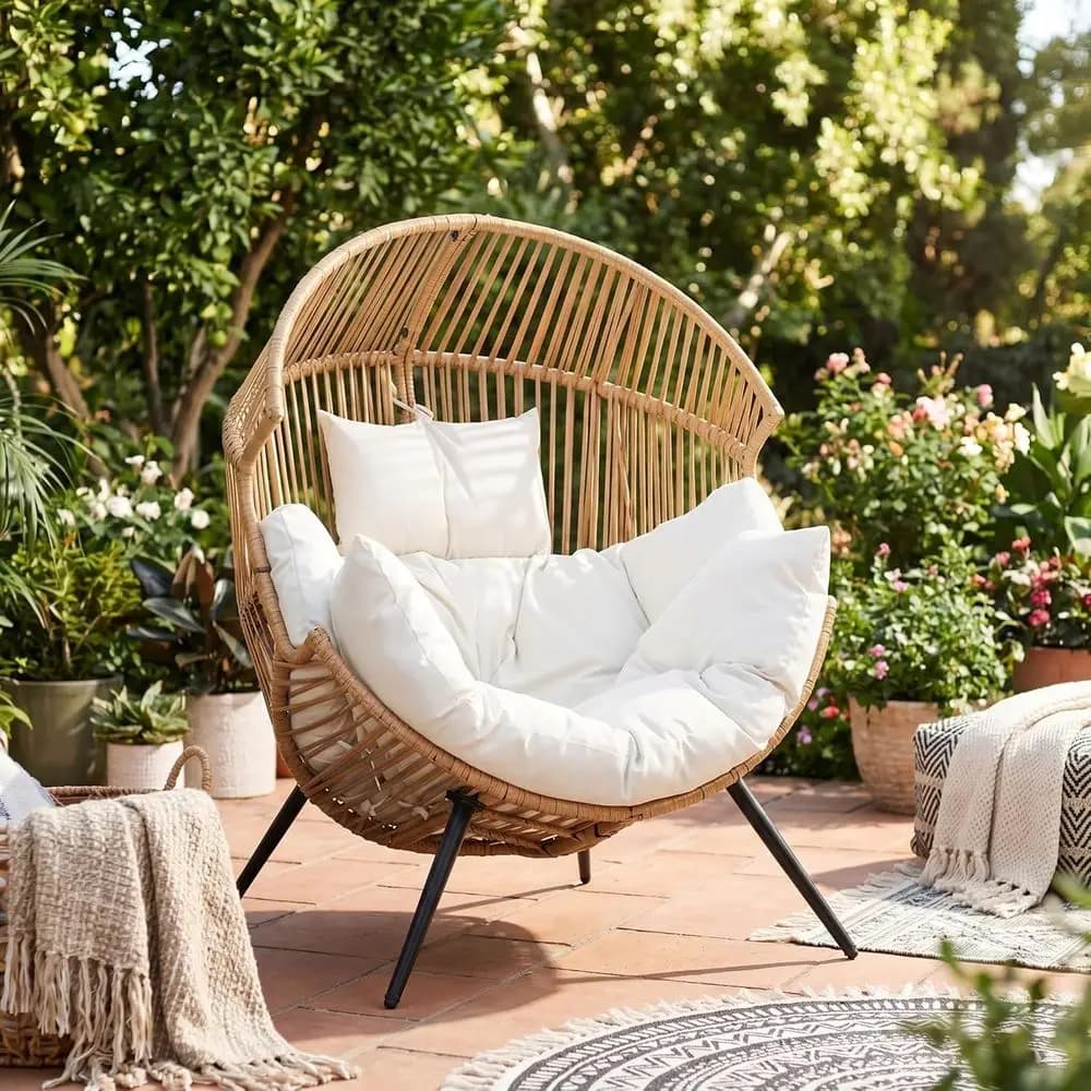 Creamy White Oversized Outdoor Wicker Lounge Chair with Cushion for Patio, Balcony, or Indoor Living Spaces