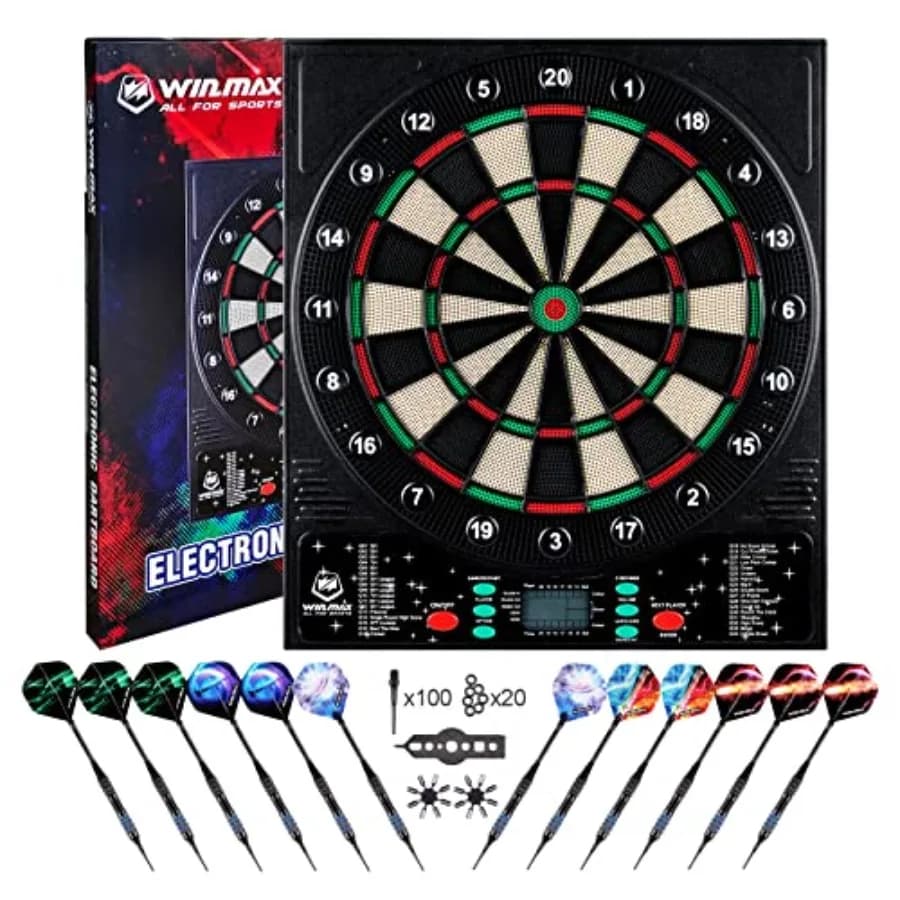 Tavola da Freccette Elettronica, Bersaglio Digitale con Punte Morbide per Adulti, 34 Giochi 355 Varianti con Punteggio Automatico, 12 Freccette 100 Punte, Adattatore/Bagliere