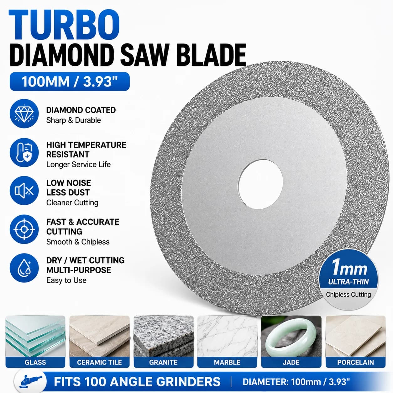 Disco diamantato turbo da 100 mm per taglio granito, marmo, piastrelle in porcellana, ceramica, disco da 3,93 pollici per smerigliatrice angolare, per taglio giada e materiali a grana fine