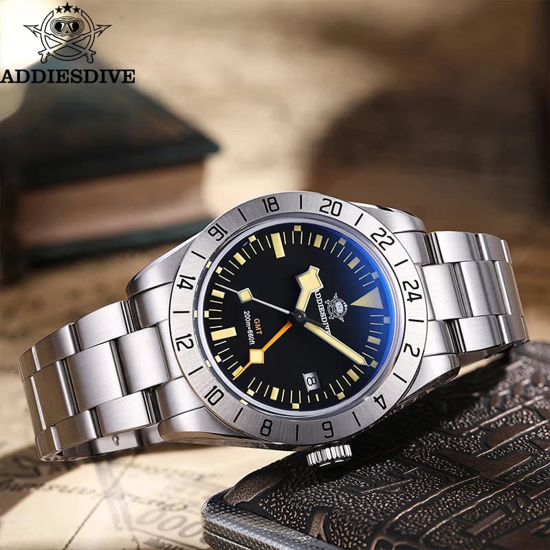 ADDIESDIVE Orologio al Quarzo di Lusso AD2036, Marca Top, GMT in Acciaio Inox, Vetro a Bolla, Relogio Masculino, Subacqueo 200M