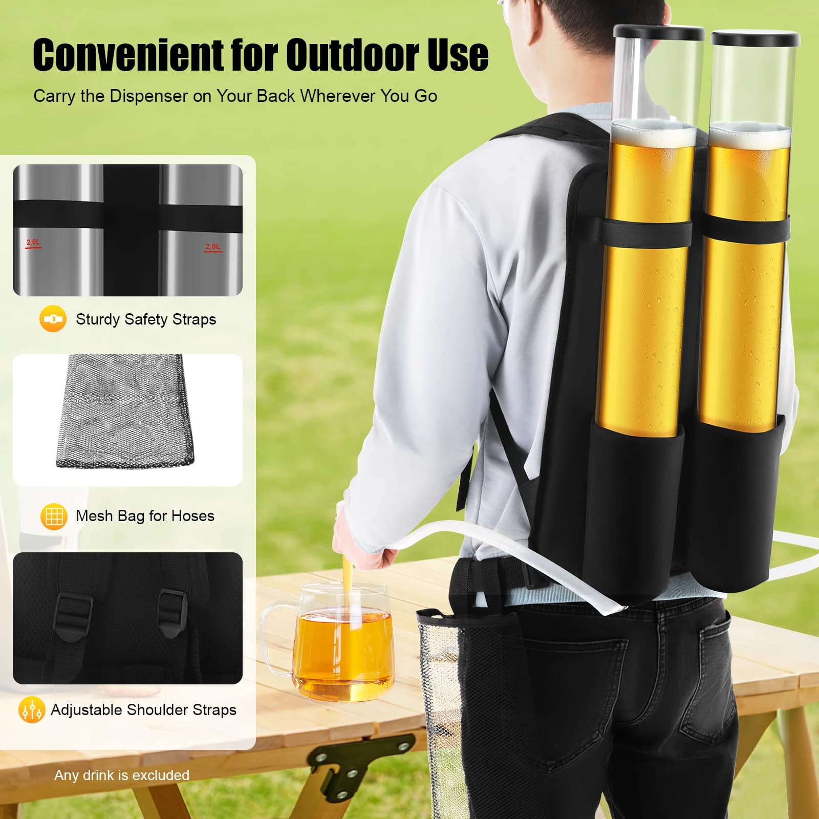 Contenitori per bevande portatili in acrilico, dispenser per birra con zaino a doppio serbatoio con rubinetti, tubi flessibili trasparenti per ristoranti, bar 3L + 3L