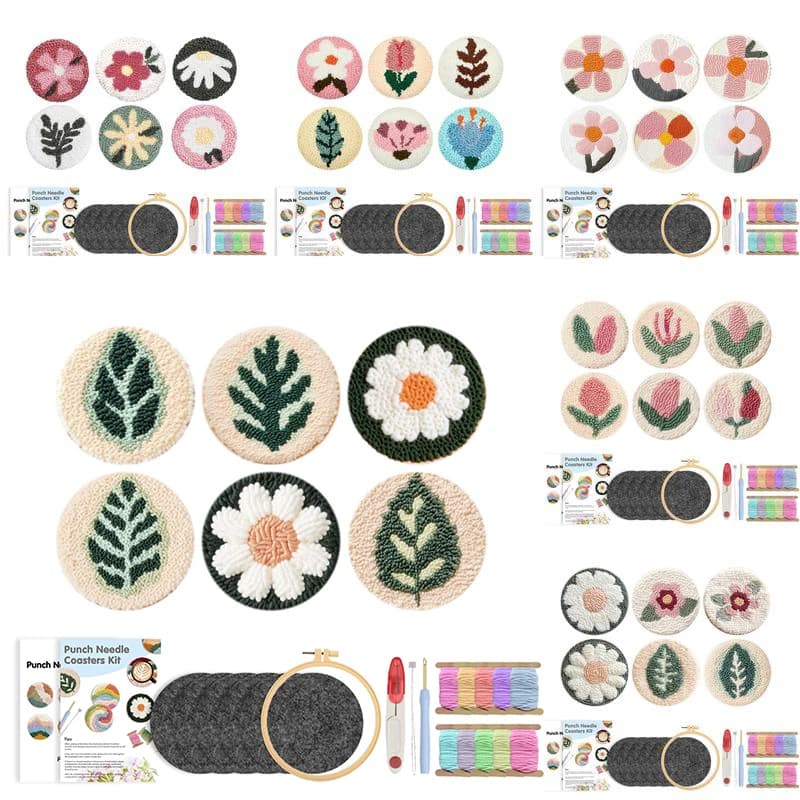 GATYZTORY 6Pcs Flower Punch Needle Coaster Kit Punch Needle Embroidery Kit for Adults DIY Craft Supplies Tufted Coasters Tablema