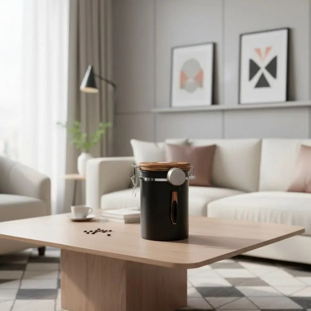 304 Stainless Steel Coffee Bean Storage Tank with Spoon Wood-grain Pattern Lid Coffee Bean Vacuum Sealed Jar Cylindrical