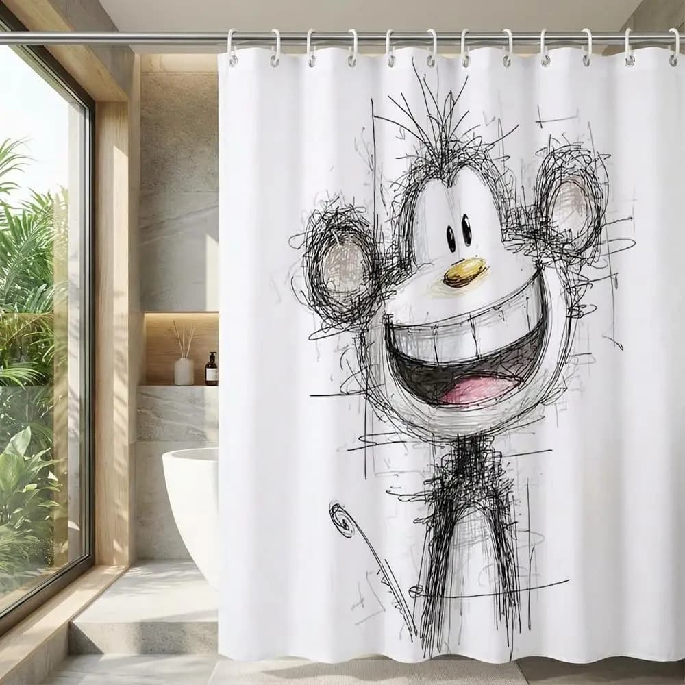 Tenda da doccia Scribble Monkey – Design giocoso a fumetti, decorazione divertente per il bagno, 12 ganci, 71x71 pollici