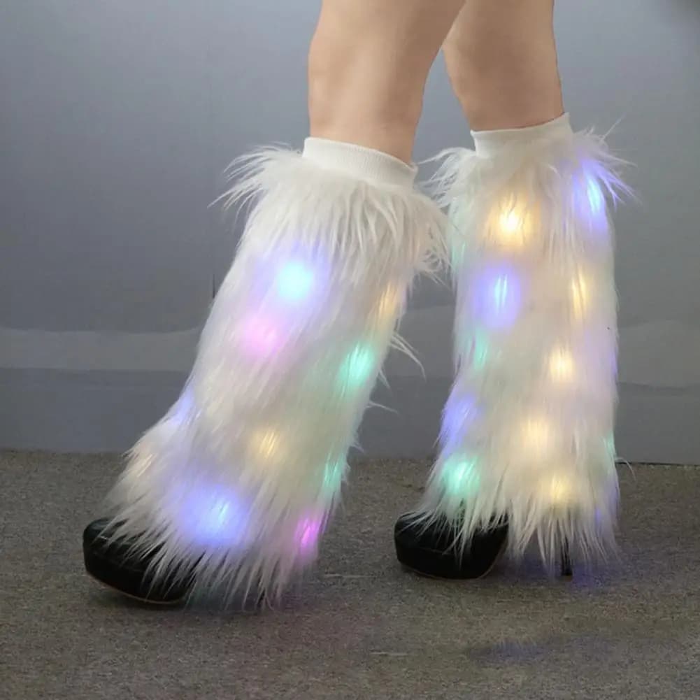 Scaldamuscoli in pelliccia imitazione per le donne Neon Rave Led Fluffy anni '80 Sexy Furry Light Up Leggings Ragazze Boot Copri polpaccio Natale Costu