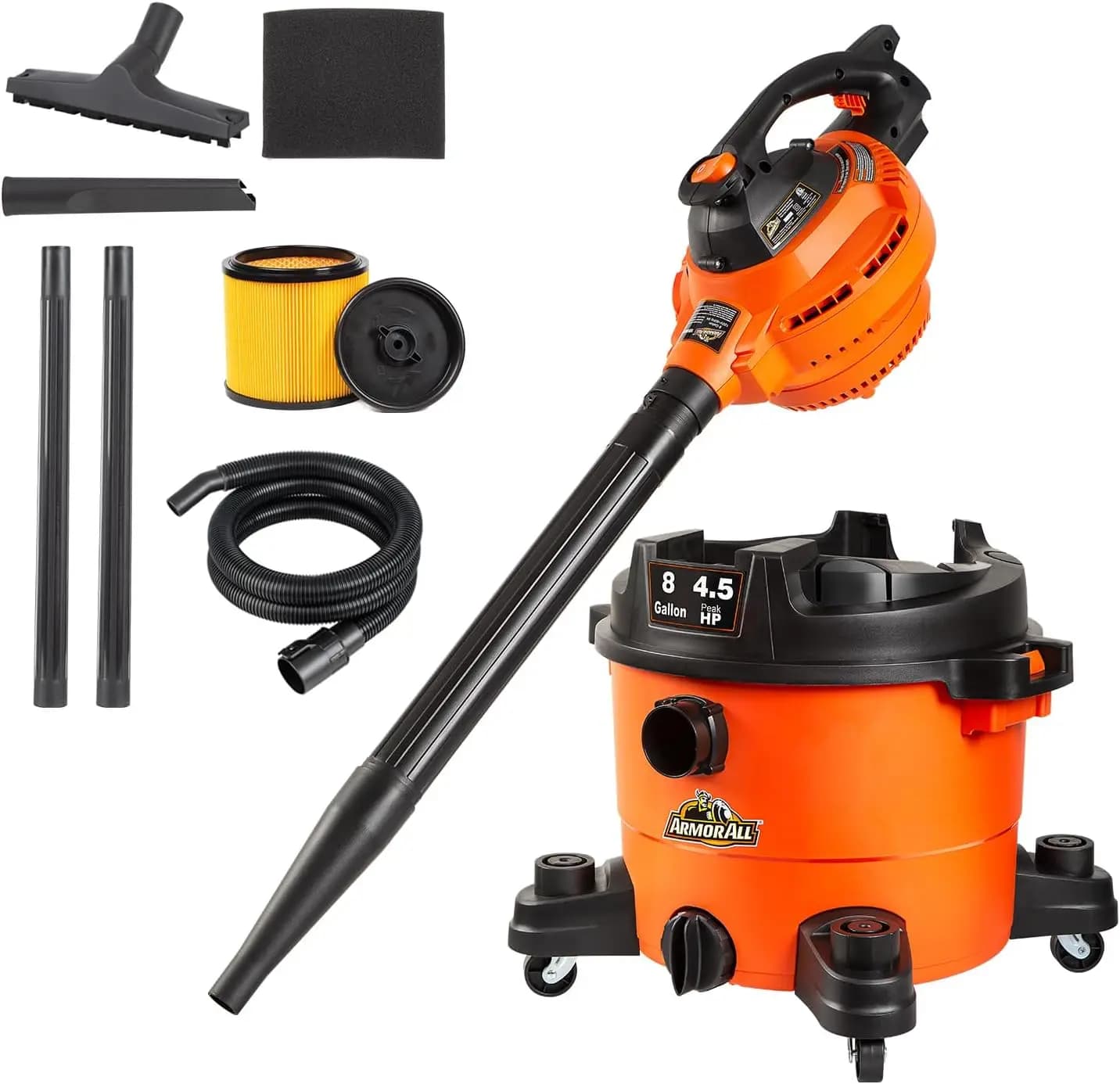 Aspirapolvere per Solidi e Liquidi da 8 Galloni con Funzione Soffiatore Rimovibile, Motore da 4.5 HP per Forte Aspirazione e Facile Pulizia