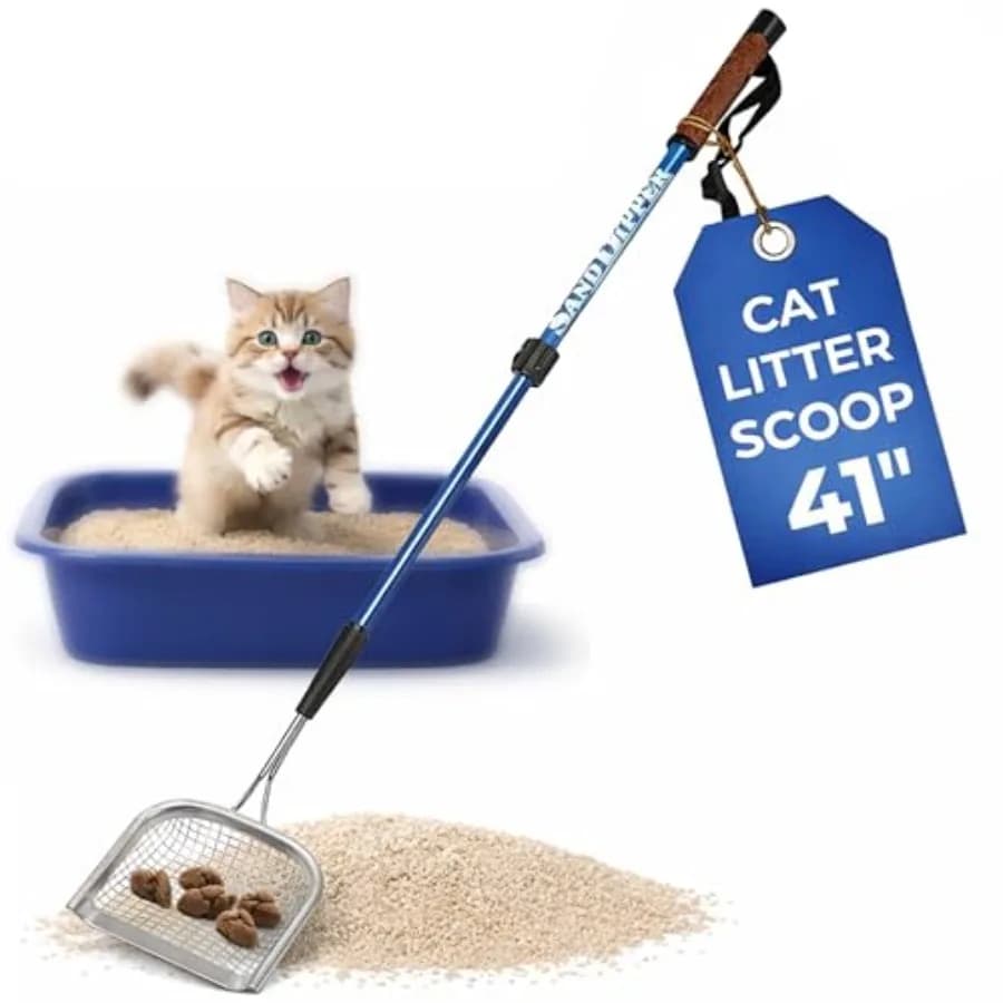 Paletta per lettiera per gatti in metallo con manico lungo, in acciaio inossidabile resistente, lunghezza 41 cm, design regolabile, colore argento