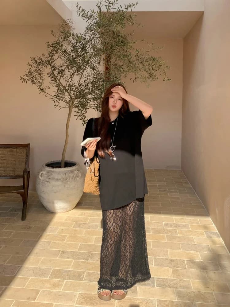 Abito Casual in Pizzo Trasparente con Inserti, Gonna Midi da Donna, Traspirante in Fibra di Poliestere, Linea H, Collo Tondo, Chiusura con Cerniera