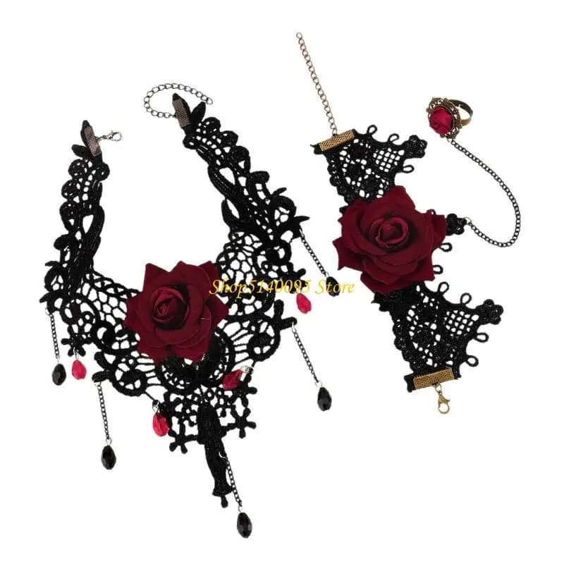 DXAE DONNE DONNA DELLA Dichiarazione gotica Set gioielli Set pizzo Collana Anelli dito del bracciale