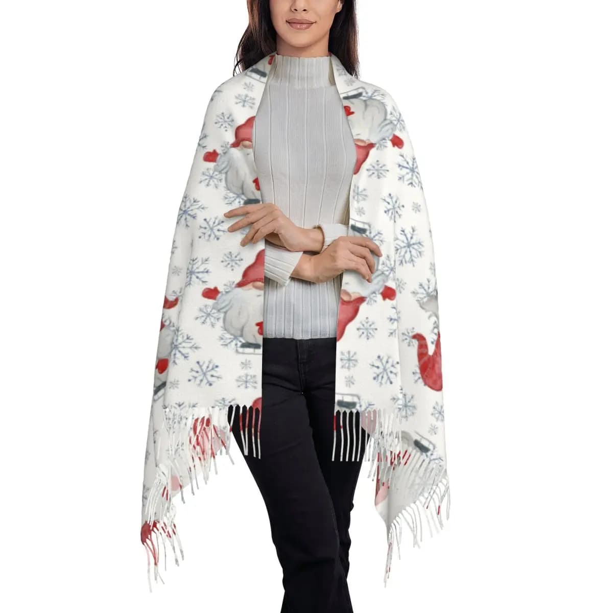 Red Gnome Christmas Ice Skating Gift Presents Scarf Tassel Scarves Women Soft Warm Shawls and Wraps Large Fall Winter Shawl Wrap