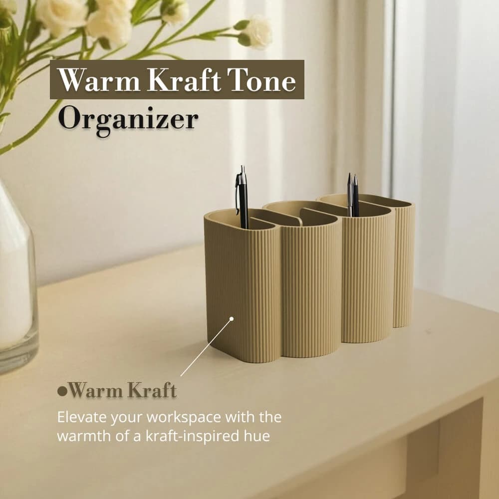 Warm Kraft Tone Wavy Multi Compartment Desk Organizer Pen Pencil Holder Aesthetic Office Stationery Storage Caddy