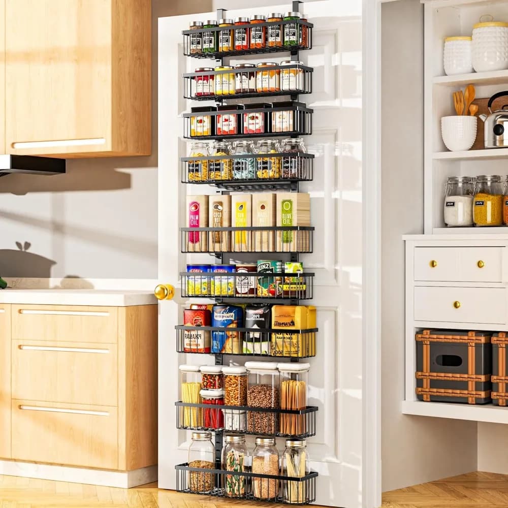 Organizer for pantry at 9 levels above the door, suspended basket, shelves for wall spices, kitchen shelves, bathroom, bedroom, house