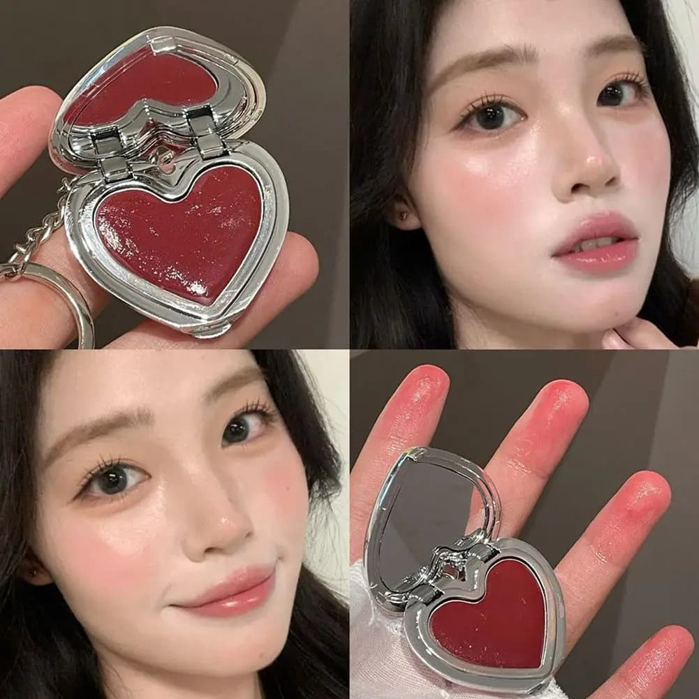 Multifunctional makeup balm 3 in 1 heart-shaped, shading and fard with mirror key rings, wet texture, versatile trampoline