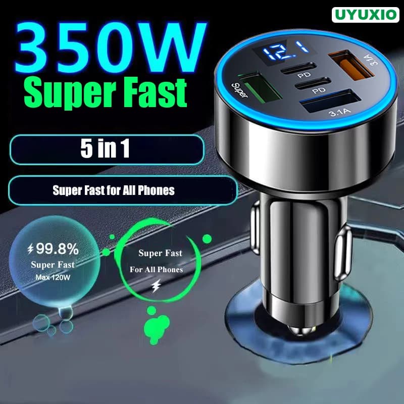 UYUXIO 5 in 1 USB Car Phone Charger Adapter with Voltage Display Dual PD Port Super Fast Charge for iPhone Samsung Huawei OPPO