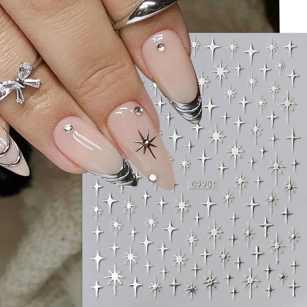 2 Pieces 6 Colors Silver 3D Nail Stickers Metal Laser Starburst Vibrants Y2K Nail Decorations for Unisex Manicure