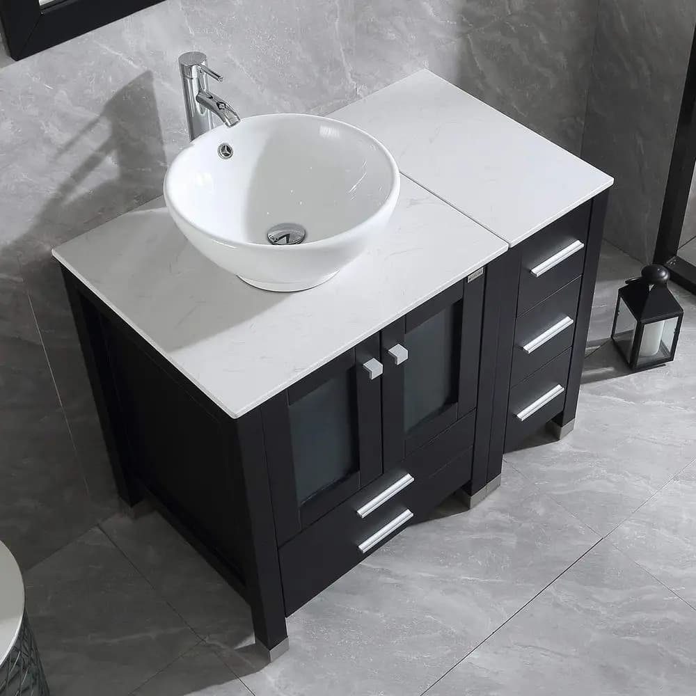 Set Mobile Bagno in Legno 36 con Lavabo in Ceramica, Rubinetto e Specchio