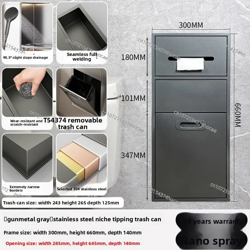 Toilet Insert Cabinet Stainless Steel Insert Toilet Niche Insert Toilet Brush Multifunctional Trash Can Shelf