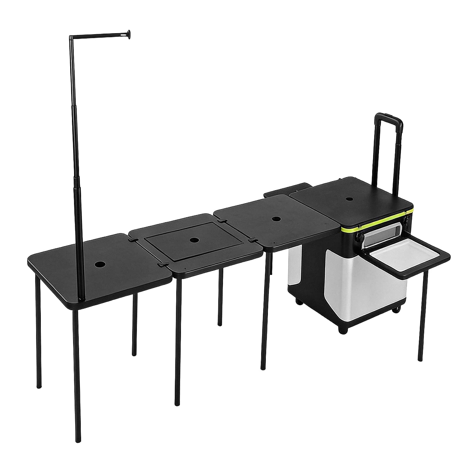 Tavolo da Cucina Pieghevole Portatile con Ruote, Tavolo da Campeggio con Supporti per Pentole e Luci per Camper, Barbecue e Picnic